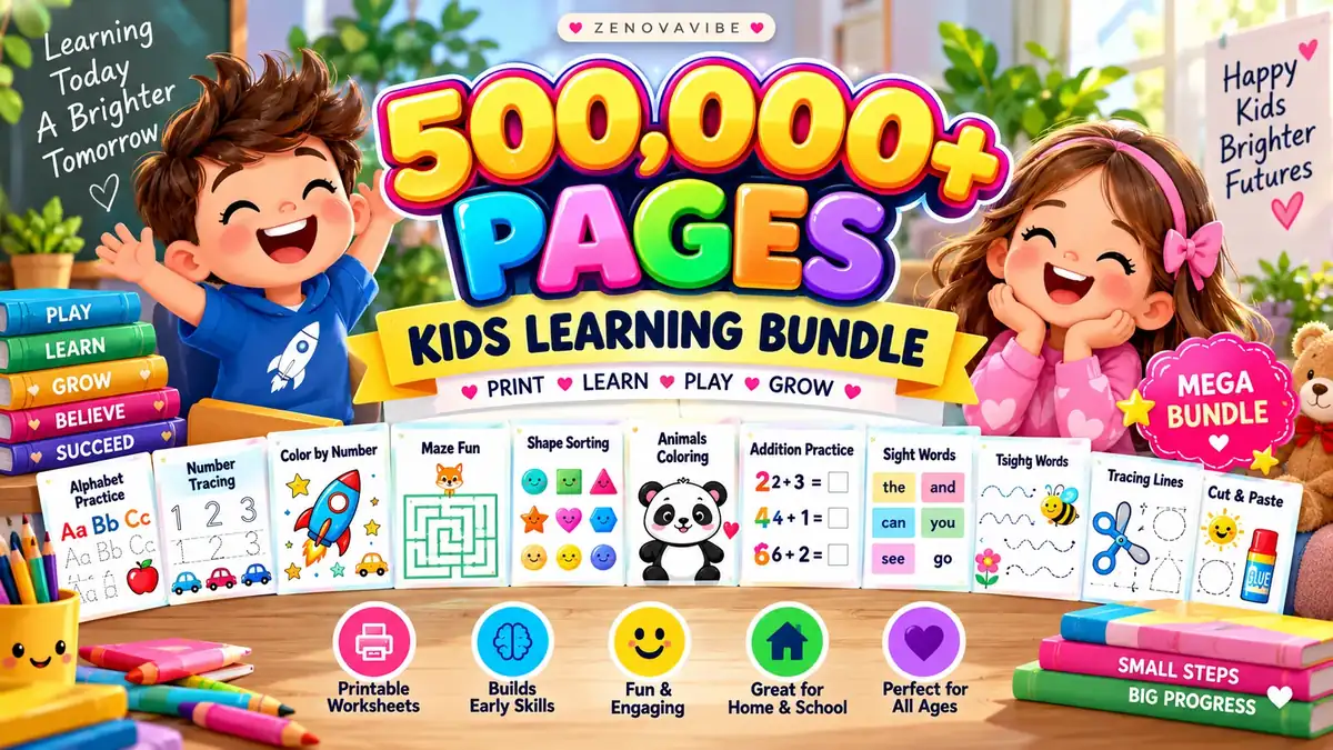 500,000+ Pages Kids Learning Bundle featuring alphabet practice, tracing, mazes, coloring and printable activities